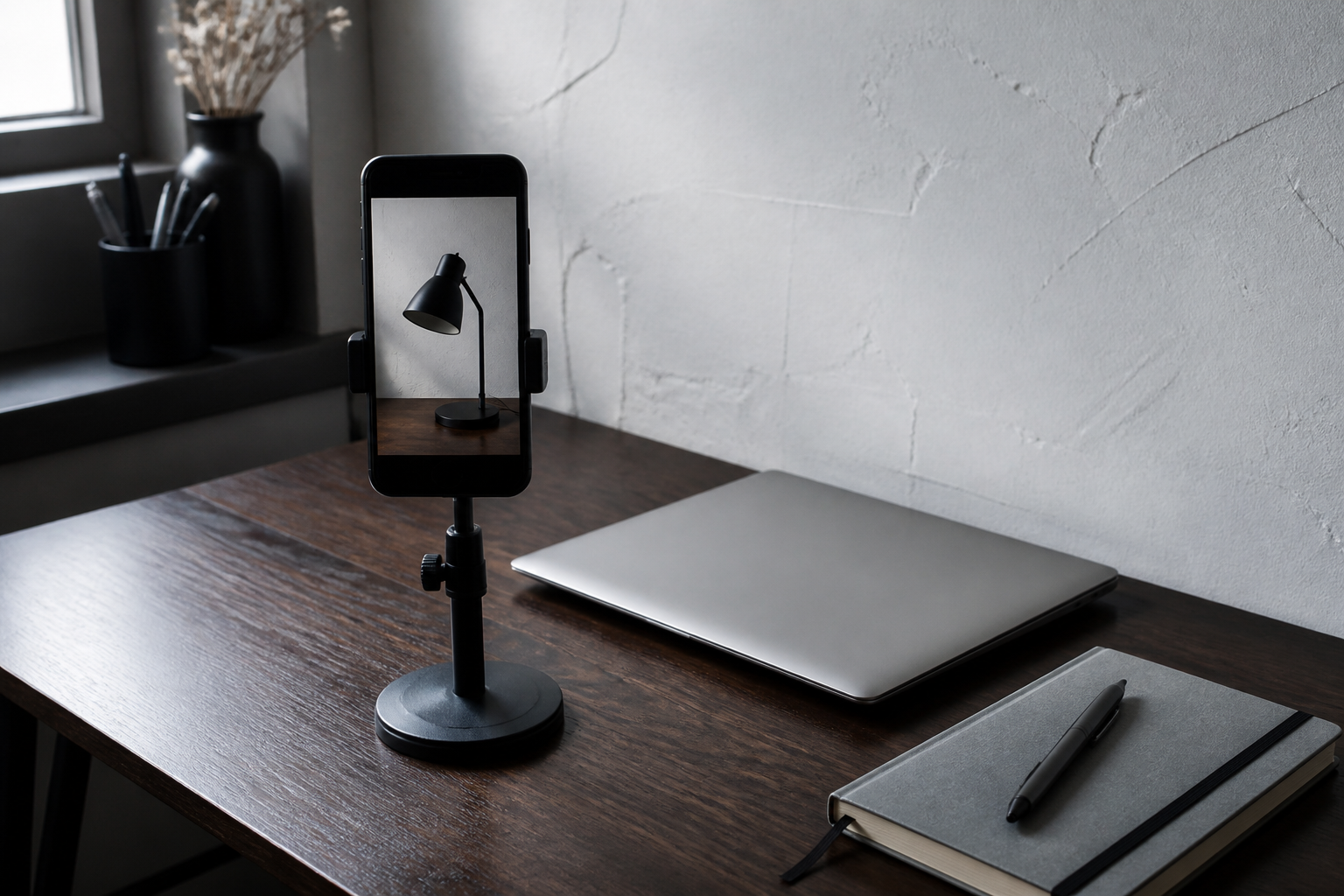 A studio desk with a phone showing a product clip